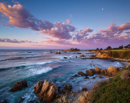 The image showcases a coastal scene with a vivid sky and ocean waves. The composition captures the natural beauty of the environment, displaying a rich color palette and dynamic water motion. This visual could be utilized for various commercial purposes, including travel, environmental, or artistic content.の素材