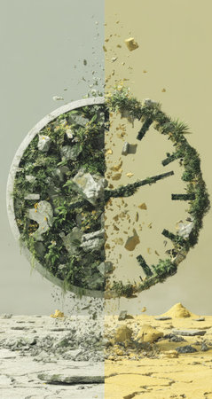 A split image presents a clock face transitioning from nature to disintegration. The left side features greenery and fragments, while the right side appears broken. The composition utilizes contrasting colors and textures, suggesting concepts of time, change, and environmental elements. Suitable for conceptual illustrations and designs.の素材