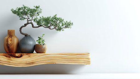 A bonsai tree, alongside decorative vases, rests on a wooden shelf against a bright white wall. The composition features warm wood tones, contrasting with the cool gray and green of the bonsai. The image presents a clean and minimalist aesthetic, suitable for use in interior design or lifestyle related projects.の素材