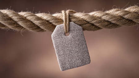 A close-up captures a length of natural rope with a blank tag suspended from it. The texture of the rope is visible, and the tag's surface provides contrast. The lighting suggests an indoor setting, and the composition directs the eye. This image could be suitable for visual communication or marketing purposes.の素材