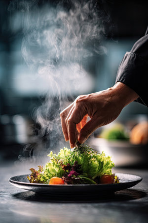 A chef's hand delicately garnishes a vibrant salad on a dark plate. The image showcases fresh greens, colorful vegetables, and steam. The shallow depth of field, natural lighting, and close-up composition give an impression of professional food styling suitable for editorial or advertising purposes.の素材