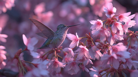 A hummingbird hovers near pink blossoms, captured in a close-up shot. The image features soft, diffused lighting and a shallow depth of field, emphasizing the delicate petals and the bird's detailed feathers. The scene could be used for various purposes, including editorial content and decorative design projects.の素材