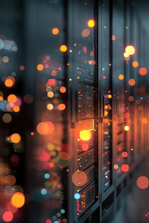 The image features a server room with numerous data racks illuminated by vibrant bokeh lights. The composition highlights rows of servers with a shallow depth of field, emphasizing the technical equipment. Warm and cool color tones blend, suggesting a complex digital environment suitable for diverse commercial applications.の素材
