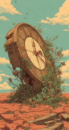 An illustration depicts a weathered clock, overtaken by vibrant green foliage, situated in a barren desert. The artwork showcases an aged aesthetic with warm tones, possibly daylit, indicating a symbolic representation of time's passage or the effects of nature. Suitable for various editorial or commercial applications, it presents a compelling visual narrative.の素材