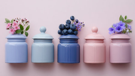 Five ceramic jars, each a different shade of pastel, are arranged in a row. They are adorned with flowers and blueberries, set against a soft, pink background. The image features a clean, studio-style composition with even lighting. This could be useful for designs, illustrations, or advertising.の素材