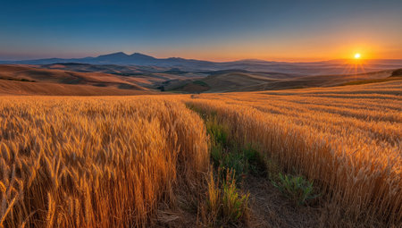 An expansive wheat field dominates the foreground, bathed in warm sunset light. The image features rows of golden wheat, a clear blue sky, and distant mountains. This landscape scenery could be used for various commercial projects related to agriculture, nature, and travel themes.の素材