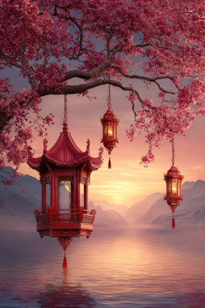 Three traditional lanterns hang from a flowering tree branch, showcasing intricate architecture. The scene is bathed in the warm, diffused light of a sunset. Pink blossoms and reflections in the water complete the tranquil image. The artwork could be suitable for cultural themes, design projects, and serene imagery.の素材