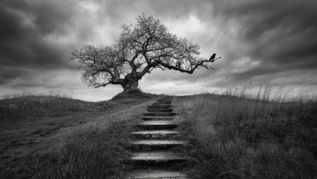 This black and white image showcases a mature tree atop a grassy hill. A stone staircase leads towards it, under a sky filled with dramatic clouds. The grayscale palette creates a sense of depth and contrast, possibly suitable for conceptual projects or editorial purposes. The composition is balanced, offering a contemplative visual.の素材