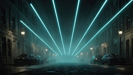 An illuminated city street is depicted at night with cars parked along the sides. Linear, glowing beams of light converge toward the center from the top, providing a dramatic effect. The scene features cool tones, enhancing a mysterious ambiance. Suitable for various creative projects, including editorial and commercial uses.の素材