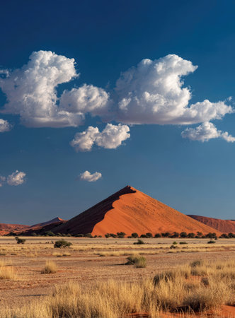 An arid landscape features a large sand dune, bathed in sunlight, set against a vibrant blue sky dotted with fluffy white clouds. The scene showcases natural elements with golden grasses in the foreground. This image could be used for various commercial projects and editorial content.の素材