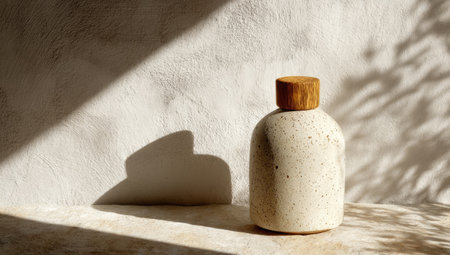A cream-colored bottle with a wooden cap is centered against a textured wall, illuminated by natural sunlight creating shadows. The composition highlights minimalist design, featuring neutral tones and a focus on form. Suitable for advertisements, lifestyle content, or product presentations.の素材