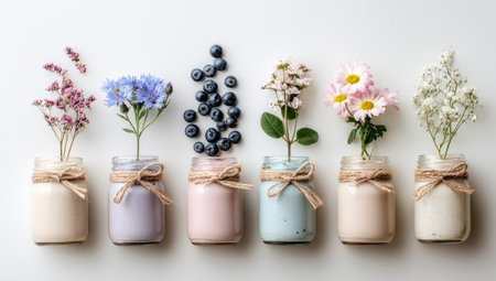 An assortment of colorful flowers and berries are displayed in small glass jars. The image showcases a top-down view with natural light illuminating the scene. The composition is simple, featuring various hues. Suitable for commercial use in the context of design and decor.の素材