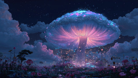 An illustrated fantasy scene depicts a giant mushroom radiating bright lights. The artwork features pastel colors, with a focus on pink and blue hues. The composition suggests a dreamy environment, possibly at night or in a magical realm. The image could be used for imaginative commercial or editorial purposes.の素材