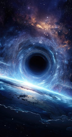 An artistic depiction presents a black hole in a cosmic environment. The composition features swirling blue and purple nebulae. The image showcases detailed textures and a dramatic, high-contrast visual style. Suitable for various applications, this image is appropriate for science, education, or conceptual illustrations.の素材