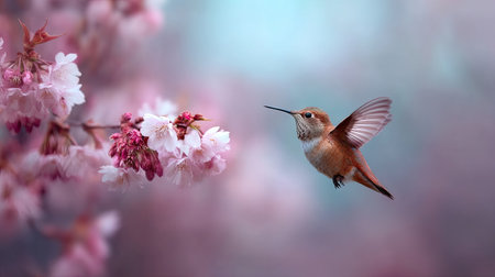 A hummingbird hovers near a flowering branch with soft pink and white blossoms. The image showcases the bird in motion with wings spread. The background features a blurred pastel color gradient. This image is suitable for various commercial uses, including advertising and editorial content.の素材