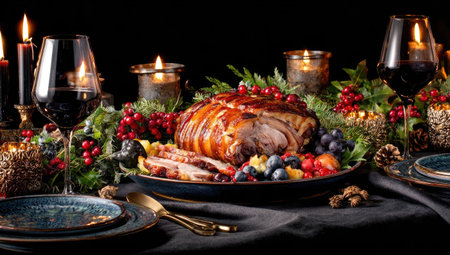 A close-up captures a beautifully arranged table laden with a roasted meat centerpiece, surrounded by vibrant greenery and ripe berries. The scene is illuminated by the soft glow of candles, with wine glasses and elegant tableware enhancing the festive atmosphere. This image is suitable for various commercial uses, including advertising and editorial content.の素材