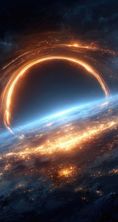 An artistic representation showcases a cosmic scene with a vibrant, illuminated ring against a dark background. The composition features swirling patterns, suggesting a dynamic environment. The color palette includes fiery oranges, blues, and blacks. It could be used for illustrative purposes, science educational material, or conceptual designs.の素材