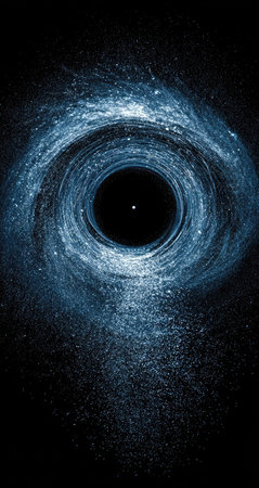 An abstract visualization showcases a dynamic, swirling vortex of radiant blue light against a vast, dark background. Delicate particles and streaks create a sense of movement and depth. This conceptual artwork could be used for various projects, including science, technology, or design materials, or as an editorial illustration.の素材