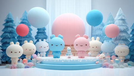 A group of adorable cartoon characters are featured in this image, set against a winter-themed backdrop. The composition includes vibrant balloons in various colors, alongside stylized trees, all bathed in soft, diffused lighting. This image could be suitable for use in children's media, educational materials, or promotional content.の素材