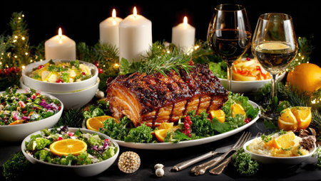 A close-up captures a holiday table scene showcasing a roasted meat centerpiece surrounded by various side dishes, salads, and candles. The composition features vibrant colors, contrasting textures, and soft lighting. This inviting setting evokes a sense of festivity suitable for advertising seasonal events or culinary content.の素材