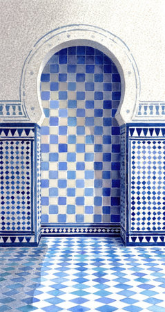 An architectural design features an archway decorated with blue and white mosaic tiles. The composition showcases geometric patterns and detailed textures. The style suggests a decorative, possibly ornamental, application. This could be used for various commercial projects and editorial needs.の素材