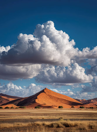 This image showcases a scenic landscape with rolling sand dunes under a vibrant blue sky filled with fluffy white clouds. The warm tones of the desert contrast with the cool blue hues above, creating a visually striking composition. This image could be used for travel, nature, or environmental projects.の素材