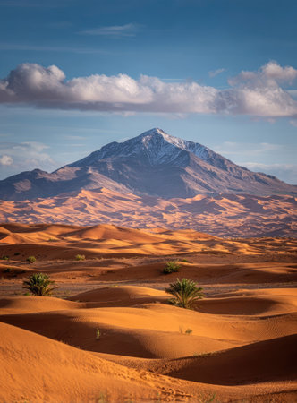 This image showcases a desert landscape dominated by undulating sand dunes and a towering mountain. The composition highlights warm orange and brown tones contrasted with a blue sky and white clouds. The scene suggests an outdoor setting with natural lighting, suitable for various commercial and editorial applications.の素材