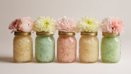 Five glass jars are arranged in a row, each holding colorful materials and topped with a different flower. The scene uses soft lighting, and a neutral background. This arrangement could be used for a variety of purposes including home decor, or conceptual displays.の素材