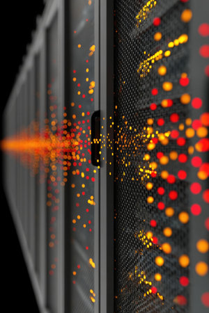 A close-up view displays a server rack with a data stream represented by particles. The image showcases a metallic surface with bright, dynamic lights and a dark background. This composition may be suitable for illustrations related to technology, networking, or data processing, and could be utilized in commercial contexts.の素材