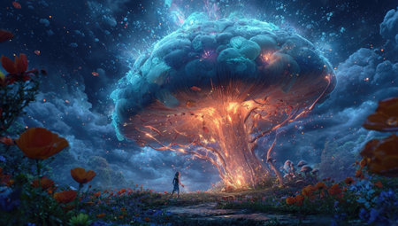 A radiant mushroom dominates the image, its cap illuminated with vibrant light, casting a magical glow. A silhouetted figure stands before it, set in a surreal environment with soft clouds and floral elements. The artwork displays a digital painting style, with warm and cool colors providing contrast, suitable for various creative applications.の素材