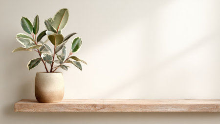 A ficus plant in a ceramic pot sits on a wooden shelf against a cream-colored wall. The image showcases a natural aesthetic with soft lighting and shadows. This composition may be suited for a variety of uses, including editorial articles and advertising material. The setting appears to be indoors with sunlight.の素材