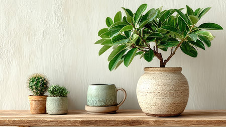 An assortment of potted plants and a ceramic mug sit on a wooden shelf in front of a textured wall. The scene features lush green foliage contrasting with the neutral tones of the background and containers. Suitable for various applications, this image could be utilized for design or editorial projects.の素材