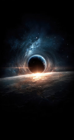 An artistic illustration presents a black hole consuming a celestial body. The composition features a dark, vast space with a glowing core, surrounded by atmospheric elements. Its style offers a conceptual and visual representation of astronomical phenomena, potentially suitable for editorial content or promotional materials.の素材