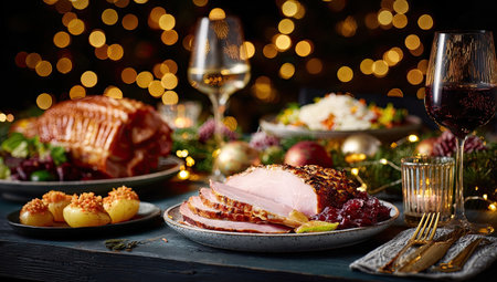 A visually appealing arrangement presents a dinner table featuring roasted ham and various side dishes. Warm lighting from bokeh accents the scene, highlighting the textures of the food and glassware. The composition suggests a celebratory context suitable for editorial and commercial applications. The image is ideal for use in publications related to food, events, or hospitality.の素材