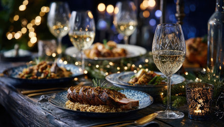 A well-lit image showcases a dining table set with various dishes and wine glasses. The composition features plates of food, illuminated by soft lighting with blurred background lights. This setup suggests a festive event. Ideal for culinary blogs, restaurant promotions, or commercial advertising related to food and dining.の素材