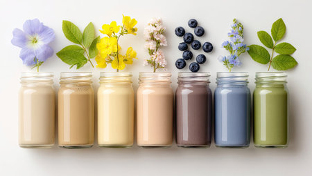 An overhead shot displays a series of glass jars filled with colorful smoothies. Each jar is topped with fresh flowers or berries, with hues ranging from beige to green and blue. The composition features smooth textures, vibrant colors, and natural lighting, suitable for wellness and health-related content.の素材