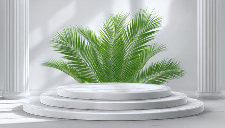A vibrant green plant is showcased on a white, layered podium, set against a backdrop of classical columns. Sunlight casts shadows, creating a bright and airy atmosphere. The composition emphasizes elegance and simplicity. Suitable for various design projects and commercial applications requiring a clean and modern aesthetic.の素材