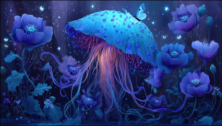 An artistic illustration presents a bioluminescent mushroom centerpiece surrounded by detailed flowers. The artwork showcases a predominantly blue and purple color scheme with soft textures and ethereal lighting effects. The scene evokes a sense of fantasy, possibly suitable for commercial and decorative uses.の素材