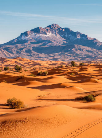 A striking landscape features expansive sand dunes in warm, earthy tones, leading to a distant mountain with snowy peaks. The scene is bathed in bright sunlight under a clear, azure sky. This image may be suitable for various commercial uses, including travel and environmental content.の素材