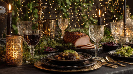 An inviting dining scene displays a meticulously set table. Candles illuminate glasses and plates with an assortment of food. The composition is arranged in a close-up, showcasing textures and details. This setup is suitable for commercial uses and event design, offering a visual appeal.の素材