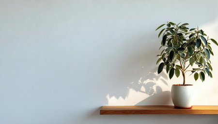 A houseplant with green leaves sits in a white pot on a wooden shelf, contrasted against a blank white wall. The composition is simple and clean with natural light and shadows. Suitable for use in lifestyle or interior design-related projects, as well as for editorial content.の素材