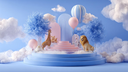 A whimsical illustration features a giraffe and a lion positioned on a pastel-colored stage. The scene utilizes soft blues and pinks, complemented by fluffy clouds and stylized trees. This imagery may be suitable for children's books or designs related to play, imagination, or gentle themes.の素材