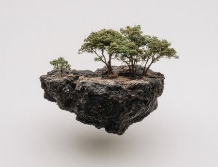 A dark, textured rock formation levitates, showcasing miniature trees with green foliage. The composition features a neutral white background, creating a sense of isolation. This image's unique aesthetic makes it suitable for various creative projects and conceptual designs in advertising and editorial contexts.の素材