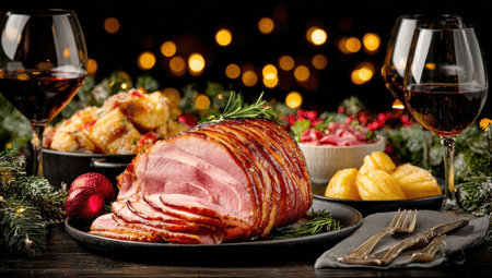 A close-up captures a holiday meal with a glazed ham, various side dishes, and two wine glasses. The composition features vibrant colors, detailed textures, and a soft background. The image suggests a festive celebration, suitable for use in culinary, editorial, or advertising projects.の素材