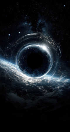 An artistic illustration presents a black hole in deep space, highlighted by vibrant blue and white luminous energy. The composition features swirling clouds and a dark ambiance. Suitable for science, education, or conceptual purposes in various commercial or editorial contexts.の素材