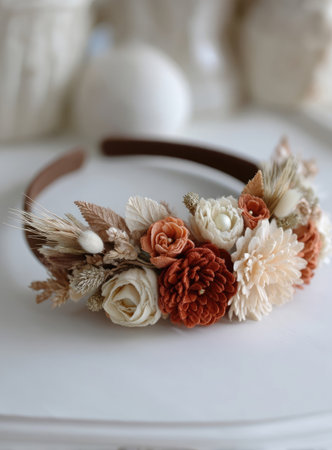 A detailed image presents a floral headband made of various flowers. The flowers showcase shades of orange, cream, and brown hues, with textures of petals and stems. The composition is set against a blurred background, suggesting a soft, natural daylight environment, suitable for various editorial and commercial applications.の素材