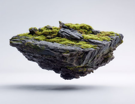 An isolated rock formation floats in mid-air against a plain white background. The rough, textured surface of the dark gray rock contrasts with the vibrant green moss covering the top. Overhead lighting creates highlights and shadows, giving depth to the composition. Suitable for various design and advertising purposes.の素材