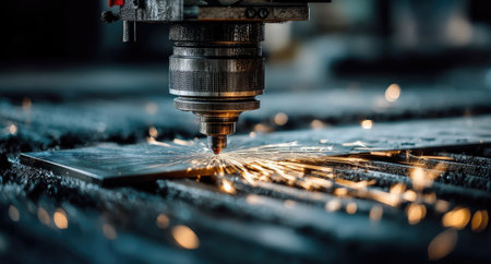 A close-up view depicts a laser cutting process on a metal plate. Intense sparks illuminate the scene, emanating from the point of contact. The composition highlights the industrial machinery involved and the precision of the cutting. This imagery could be suitable for illustrating manufacturing, engineering, and technological advancements.の素材