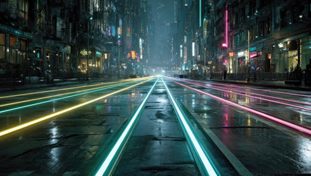 An image captures a futuristic city street scene at night. Neon light trails streak across the road, reflecting off a wet surface. Buildings line the street, illuminated with colorful lights. This dynamic composition, featuring a moody atmosphere, could be suitable for various commercial or editorial uses.の素材