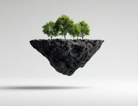 A dark, textured island supporting three vibrant green trees is suspended against a clean, white background. The composition features strong overhead lighting, creating deep shadows. This visual concept is suitable for various commercial uses, including advertising and editorial illustrations, representing environmental themes.の素材
